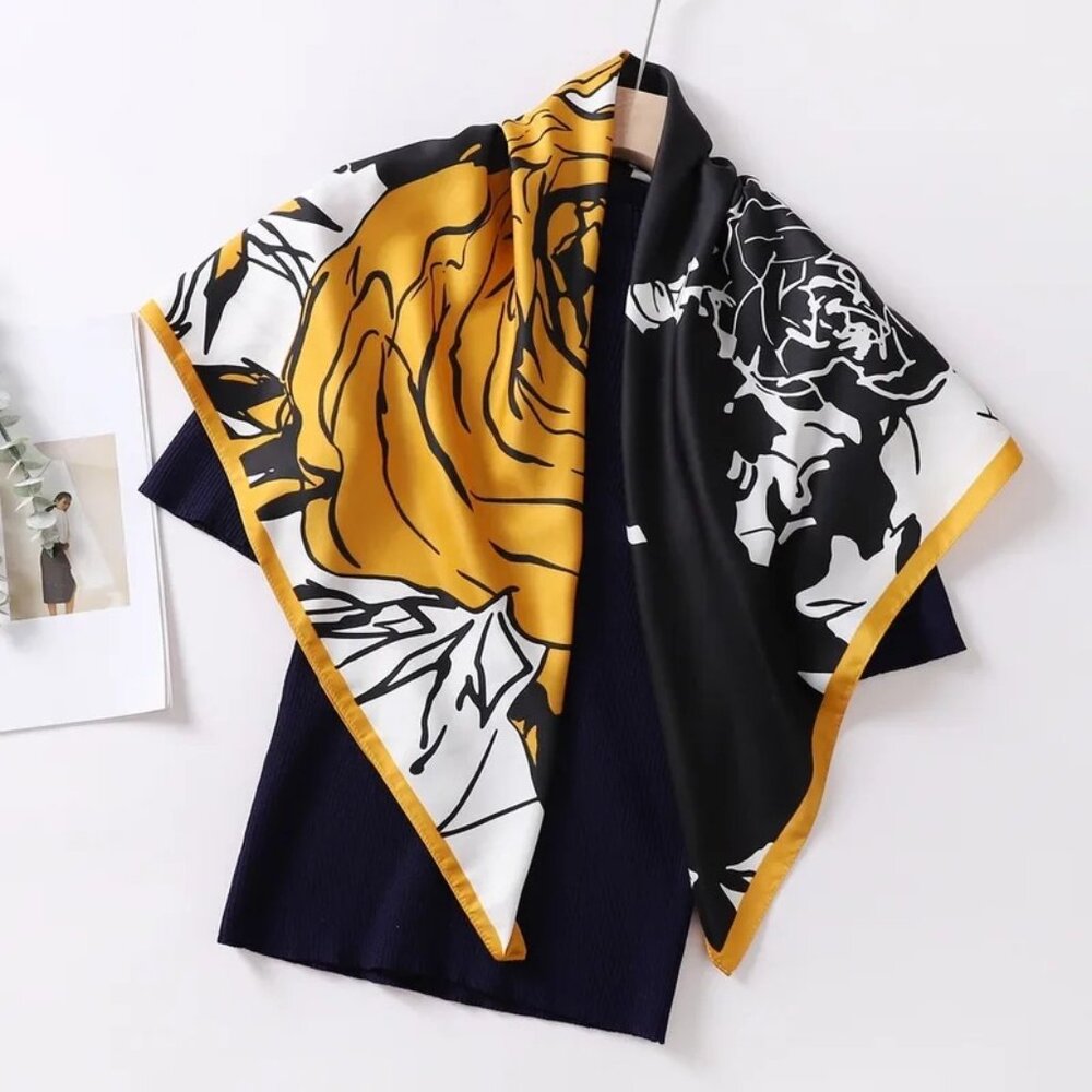 2/$30 Vibrant Bright & Beautiful Floral Gold Black White Flower Printed Scarf